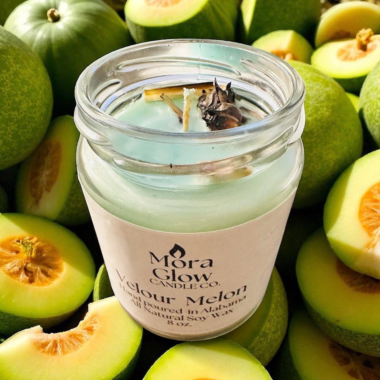 “Hand-poured Velour Melon candle creating bright, uplifting ambiance”