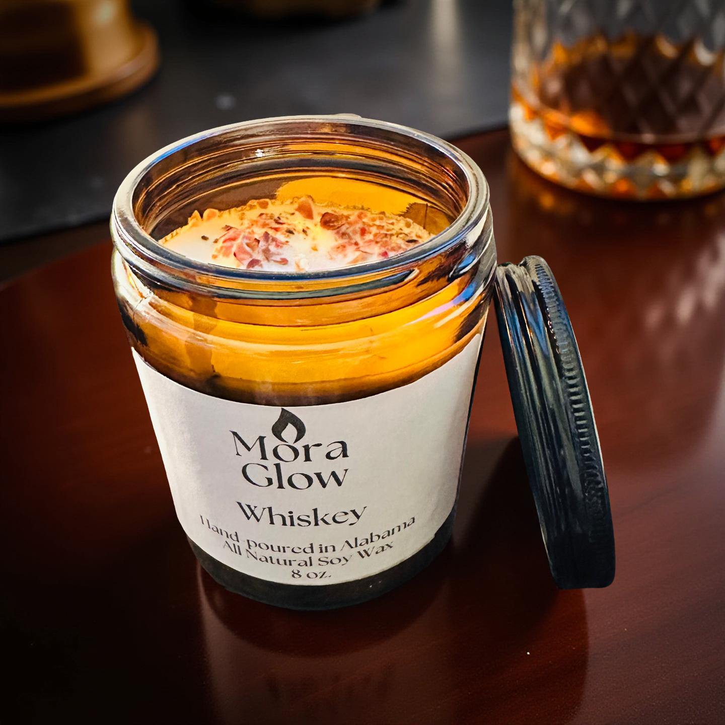Whiskey scented soy candle, 8oz, smoky and woody aroma for a sophisticated, masculine vibe